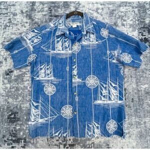 Cooke Street Hawaiian Shirt Mens Large Blue Navigation Compass Schooner Cotton